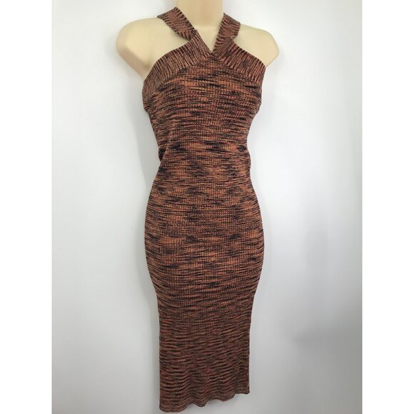 DKNY Donna Karen Stretch Halter Space Dye Knit Dress Orange Black Medium NEW - Picture 4 of 8